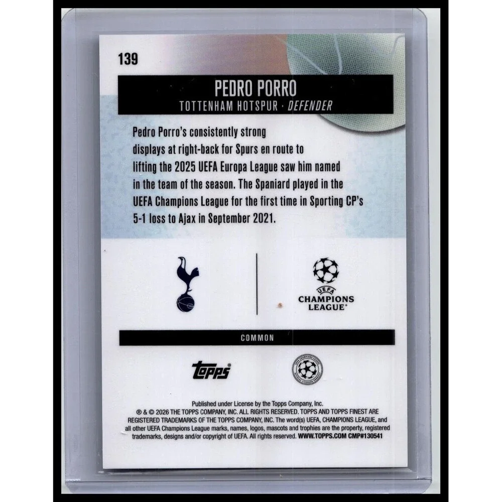 2025-26 Finest UEFA Pedro Porro #139 Tottenham Hotspur Green Refractor #/75